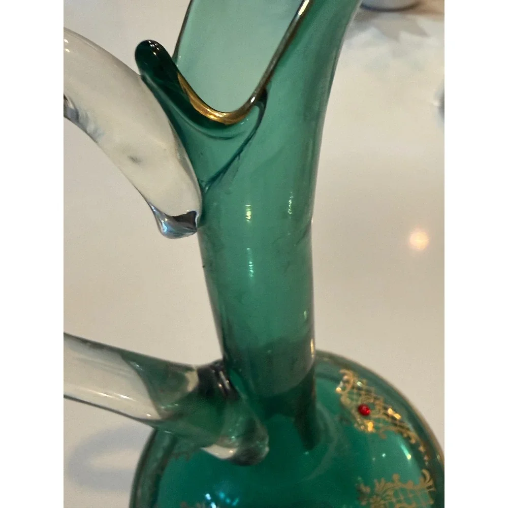 Vintage Venetian Emerald Green Glass Decanter Gold Gilt Jeweled‎ Cruet Stopper